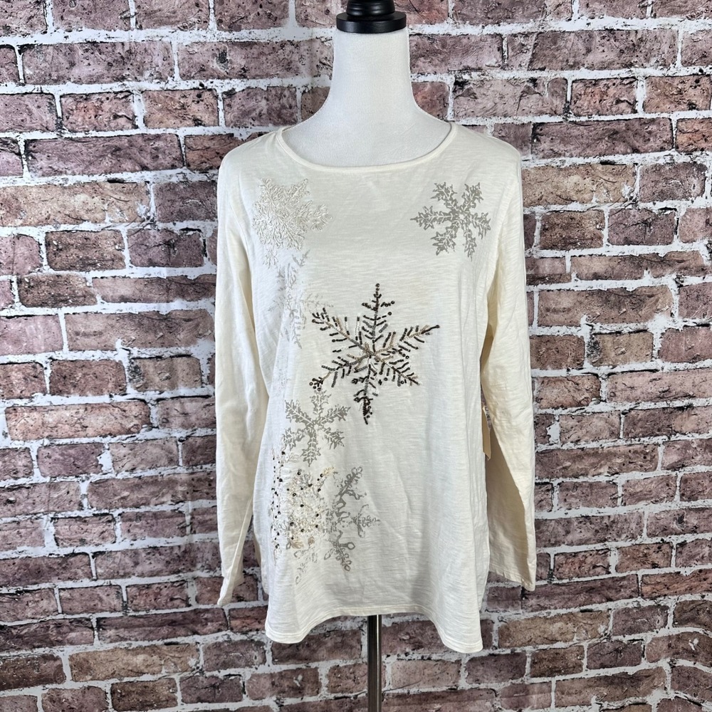 Coldwater Creek Women's 1X Snowfall Embellished Long Sleeve Cotton Tee